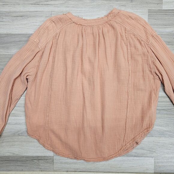 We The Free People Orange Cotton Distressed Blouse Size Small Oversized Button - Picture 10 of 10